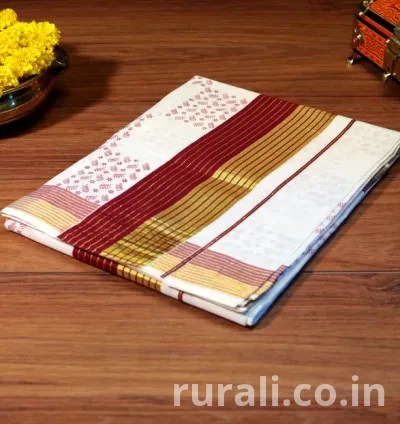 Kerala Cotton Kasavu Saree with Floral Prints